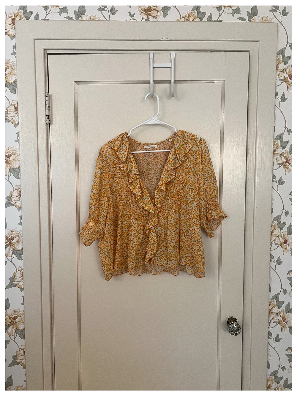Doen Yellow Floral Ruffle Front Blouse